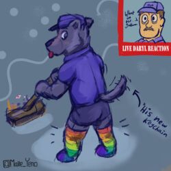  1:1 anthro blep broom canid canine canis cleaning_tool clothing daryl_(the_werecleaner) digital_drawing_(artwork) digital_media_(artwork) english_text human janitor kyle_(the_werecleaner) legwear live_reaction_(meme) looking_back malle_yeno mammal mythological_canine mythological_creature mythology stockings tail tail_motion tailwag text the_werecleaner tongue tongue_out were werecanid werecanine werewolf wolf 