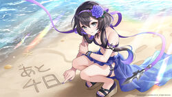  alternate_costume arm_strap beach bead_bracelet beads bikini black_bikini black_hair bracelet breasts brown_footwear chikabo_m commentary countdown eversoul female flower footprints grey_eyes hair_between_eyes hairband hand_on_own_arm jewelry light_rays linzy_(eversoul) looking_at_viewer multicolored_hair nail_polish official_art parted_lips platform_footwear promotional_art purple_flower purple_hair purple_hairband purple_nails ribbon sand sandals sarong see-through see-through_skirt short_hair skirt small_breasts solo squatting swimsuit thigh_strap two-tone_hair 