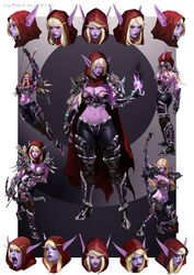  absurdres armor armored_boots arrow_(projectile) ass black_pants blonde_hair boots bow_(weapon) breasts cape cleavage closed_mouth colored_sclera colored_skin commentary elf elolaillustrator english_commentary female highres holding holding_bow_(weapon) holding_weapon hood hood_up hooded_cape large_breasts lips lipstick long_hair magic makeup metal_bra multiple_views navel pants pauldrons pointy_ears purple_lips purple_skin quiver red_cape red_eyes red_sclera shoulder_armor sylvanas_windrunner warcraft weapon world_of_warcraft 