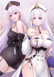  2girls ass azur_lane bare_shoulders black_coat black_dress black_garter_straps black_hat black_panties black_thighhighs black_vs_white book bow bowtie breasts buttons cleavage coat collarbone dress dual_persona emden_(azur_lane) emden_(duet_of_guiding_stars)_(azur_lane) garter_straps hat highres holding holding_book large_breasts light_blush long_hair looking_at_viewer multiple_girls off_shoulder official_alternate_costume panties purple_eyes red_eyes sai-go smile thighhighs underwear very_long_hair white_coat white_dress white_hair white_hat yellow_bow yellow_bowtie 