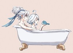  1boy ahoge bathtub blubberbeast_(genshin_impact) blue_hair closed_eyes closed_mouth female from_side furina_(genshin_impact) genshin_impact hair_bun light_blue_hair light_blush long_hair multicolored_hair neuvillette_(genshin_impact) open_mouth short_hair sidelocks simple_background sitting smile streaked_hair two-tone_hair white_hair yama_1k 