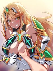  1other blonde_hair blush breasts chest_jewel cleavage cleavage_cutout clothes_pull clothing_cutout commentary_request downblouse dress dress_pull earrings elbow_gloves female gloves grabbing grabbing_another&#039;s_breast groping hair_between_eyes hair_ornament highres jewelry large_breasts leaning_forward long_hair looking_at_viewer meme mythra_(xenoblade) pov pov_cheek_grabbing_(meme) pov_hands pulling_own_clothes short_dress teeth timosan very_long_hair white_dress white_gloves xenoblade_chronicles_(series) xenoblade_chronicles_2 yellow_eyes 