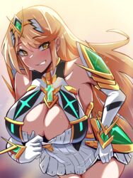  blonde_hair blush breasts chest_jewel cleavage cleavage_cutout clothes_pull clothing_cutout commentary_request downblouse dress dress_pull earrings elbow_gloves female gloves hair_between_eyes hair_ornament highres jewelry large_breasts leaning_forward long_hair looking_at_viewer mythra_(xenoblade) pulling_own_clothes short_dress solo teeth timosan very_long_hair white_dress white_gloves xenoblade_chronicles_(series) xenoblade_chronicles_2 yellow_eyes 