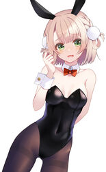  animal_ears banana_de_ikopon black_leotard blonde_hair bow bowtie breasts covered_navel cowboy_shot detached_collar female green_eyes hair_ornament highres indie_virtual_youtuber leotard looking_at_viewer orange_bow orange_bowtie pantyhose playboy_bunny pom_pom_(clothes) pom_pom_hair_ornament rabbit_ears shigure_ui_(vtuber) short_hair simple_background small_breasts strapless strapless_leotard virtual_youtuber white_background wrist_cuffs 