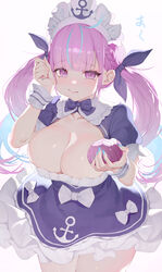  absurdres ahoge anchor_symbol blue_bow blue_dress blue_hair blue_nails blush bow breasts cleavage commentary_request dress drill_hair female food frilled_dress frills hairbow highres holding holding_food holding_spring_onion holding_vegetable hololive kanon_(sinto) large_breasts looking_at_viewer maid maid_headdress minato_aqua minato_aqua_(1st_costume) multicolored_hair nail_polish onion pink_hair purple_eyes solo spring_onion twin_drills two-tone_hair vegetable virtual_youtuber white_headdress white_wrist_cuffs wrist_cuffs 