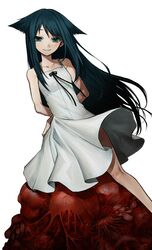  arms_behind_back black_ribbon blood closed_mouth collarbone dress female flesh green_eyes green_hair hair_flaps highres long_hair looking_at_viewer ma2_ereki ribbon saya_(saya_no_uta) saya_no_uta sidelocks sleeveless sleeveless_dress smile solo very_long_hair white_dress 