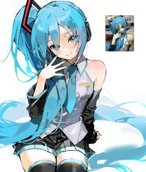  alternate_hairstyle bare_shoulders black_skirt black_sleeves black_thighhighs blue_eyes blue_hair blue_nails blue_necktie closed_mouth collared_shirt derivative_work detached_sleeves female hair_ornament hand_up hatsune_miku hatsune_miku_(noodle_stopper) highres hwii_(hwii_myu) long_hair long_sleeves looking_at_viewer meme miniskirt nail_polish necktie noodle_stopper photo-referenced pleated_skirt reference_inset shirt side_ponytail sidetail_miku_noodle_stopper_(meme) simple_background sitting skirt sleeveless sleeveless_shirt smile solo thighhighs very_long_hair vocaloid white_background white_shirt zettai_ryouiki 