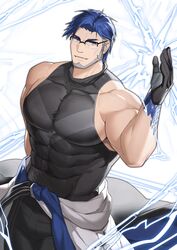  1boy bara beard black_gloves black_tank_top blue_hair blue_scales chinese_commentary commentary facial_hair glasses gloves highres large_pectorals lightning looking_at_viewer male_focus mature_male pectorals tank_top tight_top white_background wuthering_waves yuanwu_(wuthering_waves) zhuganchangjiadan 