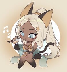  animal_ears bad_source barefoot beamed_sixteenth_notes bird blonde_hair blue_eyes blush breasts cat_ears cat_girl cat_tail chibi dark-skinned_female dark_skin eighth_note female high_ponytail jewelry large_breasts long_hair makeup musical_note oasis_(seeslugs) original ponytail seeslugs sparrow tail 