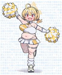  ahoge armlet blonde_hair blue_archive blue_skirt blush braid breasts cheerleader cleavage commentary_request dot_nose female full_body gloves hair_between_eyes halo holding holding_pom_poms kneehighs kotori_(blue_archive) kotori_(cheer_squad)_(blue_archive) large_breasts looking_at_viewer millennium_cheerleader_outfit_(blue_archive) miniskirt navel open_mouth outstretched_arms pleated_skirt plump pom_pom_(cheerleading) red_eyes shadow shoes short_twintails skirt sneakers socks solo sports_bra standing standing_on_one_leg sweat tareme thick_thighs thighlet thighs triangle_halo twintails two-tone_sports_bra white_footwear white_gloves white_skirt white_socks wing_collar yellow_halo yoshino_norihito 