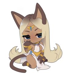  animal_ears armlet barefoot blonde_hair blue_eyes bracelet breasts cat_ears cat_girl cat_tail chibi cleavage dark-skinned_female dark_skin female highres jewelry kneeling large_breasts long_hair necklace oasis_(seeslugs) original seeslugs solo tail 