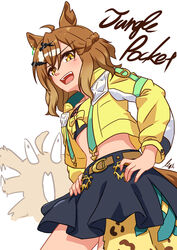  absurdres ahoge animal_ears black_skirt breasts character_name commentary_request cowboy_shot crop_top cropped_jacket earrings female hair_between_eyes hair_ornament hands_on_own_hips highres horse_ears horse_girl horse_tail jacket jewelry jungle_pocket_(umamusume) lexis_yayoi long_sleeves looking_at_viewer medium_hair midriff navel open_mouth simple_background single_earring skirt small_breasts smile solo tail umamusume white_background x_hair_ornament yellow_eyes yellow_jacket 