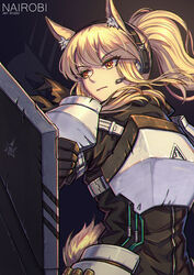  animal_ear_fluff animal_ears arknights armor black_background black_gloves blonde_hair breastplate commentary female gloves headphones headset highres horse_ears horse_girl horse_tail kingdom_of_kazimierz_logo long_hair nairobi_song nearl_(arknights) pauldrons ponytail shield shoulder_armor sidelocks simple_background solo tail upper_body yellow_eyes 