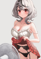  @_@ absurdres black_hair blush braid breasts camisole cleavage clothes_lift collarbone commentary electric_fan fanning_crotch female garter_belt grey_hair hair_ornament highres hololive large_breasts lifting_own_clothes looking_at_viewer medium_hair multicolored_hair nikahoshikuzu plaid plaid_skirt red_eyes sakamata_chloe sakamata_chloe_(1st_costume) simple_background skirt skirt_lift solo streaked_hair virtual_youtuber white_camisole x_hair_ornament 