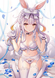  animal_ears bed_sheet black_bow blonde_hair blue_ribbon blunt_bangs blush bow bow_panties bra breasts choker cleavage collarbone female floating_hair front-tie_bra garter_belt gloves grey_hair hairbow highres iku2727 long_hair medium_breasts mochizuki_himari multicolored_hair open_mouth panties petals rabbit_ears ribbon side-tie_panties sitting solo thigh_gap thighhighs two-tone_hair underwear underwear_only uni_create very_long_hair virtual_youtuber wariza white_bow white_bra white_choker white_gloves white_panties white_ribbon white_thighhighs yellow_eyes 