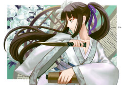  aedh076 black_hair blue_eyes breasts chinese_clothes cleavage dagger eyeshadow fate/grand_order fate_(series) female floral_background flower from_side hair_flower hair_ornament highres holding holding_dagger holding_knife holding_weapon jing_ke_(fate) knife long_hair makeup ponytail red_eyeshadow scroll solo upper_body weapon 