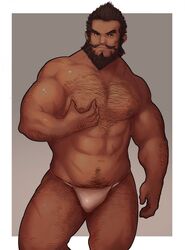  1boy abs arm_hair bara beard black_hair bulge character_request chest_hair copyright_request dark-skinned_male dark_skin facial_hair feet_out_of_frame fundoshi grabbing grabbing_own_pectoral hairy japanese_clothes large_pectorals leg_hair looking_at_viewer male_focus male_pubic_hair male_underwear mature_male muscular muscular_male navel navel_hair nipples pectoral_grab pectorals pubic_hair ryker short_hair solo standing stomach thick_eyebrows thick_thighs thighs topless_male underwear underwear_only white_male_underwear 