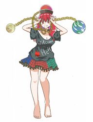  bare_legs barefoot black_shirt breasts cleavage earth_(ornament) female full_body hecatia_lapislazuli highres kitakitafox227 moon_(ornament) off-shoulder_shirt off_shoulder plaid plaid_skirt red_eyes red_hair shirt simple_background skirt solo t-shirt touhou underworld_(ornament) white_background 