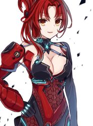  asymmetrical_gloves bad_id bad_pixiv_id black_gloves bodysuit breasts chabatake cleavage elbow_gloves female gloves happy highres honkai_(series) honkai_impact_3rd looking_at_viewer murata_himeko murata_himeko_(scarlet_fusion) open_mouth red_bodysuit red_hair simple_background solo uneven_gloves white_background yellow_eyes 