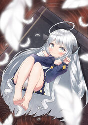  absurdres acg-jun ahoge animal_ears barefoot blue_dress blue_eyes blunt_bangs blush book chinese_commentary closed_mouth commentary dress feathers female full_body grey_hair halter_dress halterneck highres junpaku_genha_(masterwork_apocalypse) lolicon long_hair long_sleeves looking_at_viewer lying masterwork_apocalypse on_back panties sidelocks smile solo toes underwear very_long_hair white_feathers white_panties 