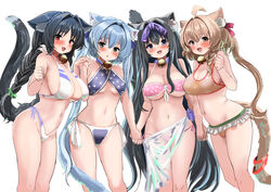  4girls :d ahoge alternate_costume animal_ear_fluff animal_ears arashio_(azur_lane) armpit_crease asashio_(azur_lane) ass_visible_through_thighs azur_lane bell bikini black_hair blue_bikini blush braid breasts cat_ears cat_tail cleavage commentary_request front-tie_bikini_top front-tie_top groin hair_ribbon halterneck hey_taisyou highres holding_hands jingle_bell long_hair michishio_(azur_lane) multicolored_bikini multicolored_clothes multiple_girls navel neck_bell ooshio_(azur_lane) open_mouth orange_bikini paw_print petal_print pink_bikini purple_eyes red_eyes ribbon sarong see-through see-through_sarong side-tie_bikini_bottom sideboob simple_background smile standing strap_gap swimsuit tail twin_braids twintails underboob very_long_hair white_background white_bikini 