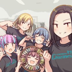  &gt;:) 5girls :d =_= asahi_rokka ayasaka bad_id bad_twitter_id bang_dream! black_hair black_shirt blonde_hair blue_hair blunt_bangs closed_eyes clothes_writing commentary double_v english_commentary food grin group_picture hair_bobbles hair_ornament hands_up holding holding_tray kohara_riko kurachi_reo long_hair macaron multicolored_hair multiple_girls natsume_(musician) no_bangs nyubara_reona oerba_yun_fang open_mouth parted_hair photo-referenced pink_hair pose raise_a_suilen raychell_(musician) red_hair sato_masuki shirt short_hair sidelocks skin_fang smile streaked_hair t-shirt tamade_chiyu thumbs_up tray tsumugi_risa two-tone_hair u_u upper_body v v-shaped_eyebrows voice_actor_connection wakana_rei 