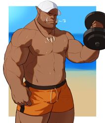  1boy abs bald bara baseball_cap beach beard biceps bulge dark_skin day exercising eyebrow_piercing facial_hair garrosh_hellscream hat highres jewelry large_pectorals male_focus male_swimwear mature_male monster_boy muscular muscular_male navel necklace nipples nose_piercing nose_ring orange_male_swimwear orc outdoors pectorals piercing pointy_ears ryker solo stomach stubble sweat swim_trunks thick_thighs thighs tooth_necklace topless_male tusks warcraft weightlifting world_of_warcraft 