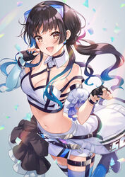  :d animal_ears asymmetrical_legwear asymmetrical_sleeves black_gloves black_hair blue_nails blue_sleeves blue_thighhighs blush breasts brown_eyes cat_ears cleavage collarbone crop_top detached_collar detached_sleeves fake_animal_ears female fingerless_gloves floating_hair garter_straps gloves highres idolmaster idolmaster_shiny_colors iku2727 long_hair looking_at_viewer mayuzumi_fuyuko medium_breasts midriff miniskirt nail_polish navel open_mouth skirt smile solo stomach thigh_strap thighhighs white_legwear white_skirt white_sleeves wing_collar 