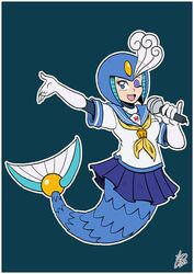  android blue_eyes border commentary elbow_gloves english_commentary eyeshadow female full_body gloves helmet holding holding_microphone ian_dimas makeup mega_man_(classic) mega_man_(series) mega_man_9 mermaid microphone monster_girl music one_eye_closed open_mouth robot sailor_collar school_uniform serafuku signature simple_background singing smile solo splash_woman white_border 