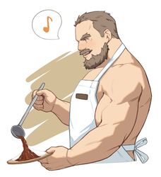  1boy apron bara beard brown_hair cooking facial_hair from_side highres large_pectorals male_focus mature_male moustache muscular muscular_male naked_apron old old_man original pectorals ryker short_hair sideburns sidepec solo white_apron 