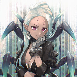  arachne_(housamo) arthropod_girl arthropod_limbs asymmetrical_hair black_suit breasts cleavage dark-skinned_female dark_skin earrings extra_eyes female formal frills gloves hand_on_own_face highres jewelry jinnai10 long_hair looking_at_viewer pink_eyes pointy_ears ponytail smile solo spider_girl suit tokyo_afterschool_summoners 