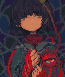  :| abstract_background absurdres bleeding blood blood_on_clothes blood_on_hands blouse blue_shirt blunt_bangs closed_mouth expressionless female flower frilled_shirt_collar frilled_sleeves frills hair_ornament hands_up heart heart_hair_ornament highres holding holding_flower ichinose_(kurui96) komeiji_satori plant purple_eyes purple_hair red_eyes red_flower red_rose ribbon_trim rose shirt short_hair solo third_eye thorns touhou upper_body vines 