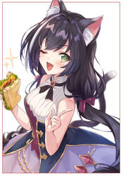  ;d animal_ear_fluff animal_ears bare_arms black_hair black_ribbon blurry blurry_background blush bustier cat_ears cat_girl cat_tail female floating_hair food framed green_eyes holding holding_food iku2727 karyl_(princess_connect!) long_hair looking_at_viewer multicolored_hair neck_ribbon oerba_yun_fang one_eye_closed open_mouth princess_connect! purple_skirt ribbon sandwich shirt skirt sleeveless sleeveless_shirt smile solo streaked_hair tail very_long_hair white_background white_hair white_shirt 