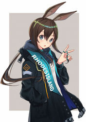  amiya_(arknights) animal_ear_fluff animal_ears arknights ascot black_jacket blue_ascot blue_eyes brown_hair commentary female grey_background hair_between_eyes hand_in_pocket highres hood hood_down hooded_jacket itachi_kanade jacket jewelry long_hair long_sleeves open_clothes open_jacket open_mouth ponytail rabbit_ears ring shirt sidelocks solo thumb_ring two-tone_background very_long_hair white_background white_shirt 