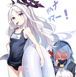  2girls absurdres ahoge ako_(blue_archive) bare_arms bare_shoulders bell blue_archive blue_hair blue_one-piece_swimsuit blush breasts covering_own_mouth demon_horns demon_wings forehead full-face_blush gloves hair_between_eyes hair_ornament hairband hairclip halo highres hina_(blue_archive) hina_(swimsuit)_(blue_archive) holding holding_swim_ring horns innertube kandori large_breasts long_hair long_sleeves looking_at_viewer low_wings multiple_girls multiple_horns name_tag neck_bell official_alternate_costume old_school_swimsuit one-piece_swimsuit parted_bangs purple_eyes purple_horns school_swimsuit sideboob sideless_outfit sideless_shirt simple_background swim_ring swimsuit upper_body very_long_hair whistle whistle_around_neck white_hair wings 