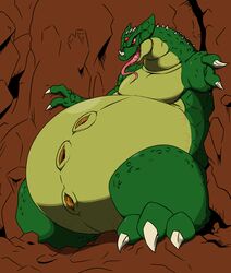  2015 anthro belly big_belly bodily_fluids claws facial_horn fangs horn kraid long_tail male metroid monster nintendo nose_horn obese obese_anthro obese_male overweight overweight_anthro overweight_male reagan700 red_eyes saliva saliva_on_tongue scales scalie solo tail teeth toe_claws tongue tongue_out 