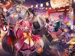  3girls 5boys abe_no_seimei_(onmyoji) animal_ears antlers architecture arm_up bare_shoulders black_hair black_headwear black_sclera blonde_hair blue_skin breasts callarinc candy claws cleavage collarbone colored_sclera colored_skin commentary_request commission crab_claw daruma_doll dragon_tail east_asian_architecture eye_mask facial_mark food fox_mask full_moon grey_hair hair_bobbles hair_ornament hair_ribbon halloween halloween_bucket hands_up highres horns jack-o&#039;-lantern japanese_clothes jewelry jiangshi kani_hime_(onmyoji) kimono kitsune kubinashi_(onmyoji) kyonshii_imouto_(onmyoji) lamp lantern leg_up lollipop long_hair long_sleeves looking_at_viewer mask medium_breasts monster_girl moon multicolored_hair multiple_boys multiple_girls necklace night ofuda older_jumping_brother oni oni_horns onmyoji ootakemaru outdoors oversized_forearms oversized_limbs paper_lantern pink_hair pointy_ears ponytail pumpkin red_eyes ribbon short_hair sleeveless slit_pupils smile suzuka_gozen_(onmyoji) swirl_lollipop tail torii torn_clothes translated wide_sleeves yellow_eyes youko_(onmyoji) younger_jumping_brother younger_jumping_sister 