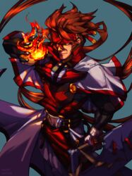  1boy absurdres belt_buckle black_bodysuit bodysuit brown_hair buckle capelet concrete fire forehead_protector gloves guilty_gear guilty_gear_xx hair_between_eyes highres holding holding_flame holding_sword holding_weapon looking_at_viewer luttymoar male_focus muscular muscular_male nose order-sol popped_collar reverse_grip sol_badguy solo sword tabard uniform weapon white_capelet white_gloves yellow_eyes 