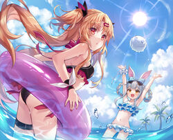  2girls :d akatsuki_uni animal_ears armpits arms_up ass bikini black_bikini blonde_hair blue_bow blue_hair blue_sky bow breasts cloud collarbone cowboy_shot day floating_hair frilled_bikini frills groin hair_intakes hairbow highres iku2727 innertube long_hair mochizuki_himari multiple_girls navel ocean open_mouth outdoors palm_tree rabbit_ears red_bow red_eyes side-tie_bikini_bottom sky small_breasts smile standing summer sun swim_ring swimsuit thigh_strap tied_hair tree twintails uni_create very_long_hair virtual_youtuber wading white_bikini yellow_eyes 