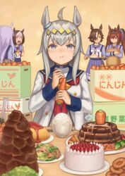  6+girls absurdres agemasen!_(meme) animal_ears bag blue_eyes bow broccoli brown_hair buraki cake carrot chopstick_rest chopsticks commentary daiwa_scarlet_(umamusume) doughnut ear_ornament eating folding_fan food gold_ship_(umamusume) grey_hair groceries grocery_bag hair_between_eyes hair_intakes hair_over_one_eye hairbow hamburger_steak hand_fan highres holding holding_tray horse_ears horse_girl ketchup light_particles long_hair long_sleeves mejiro_mcqueen_(umamusume) meme multicolored_hair multiple_girls neckerchief oguri_cap_(umamusume) omelet omurice pillbox_hat pleated_skirt potato potato_wedges purple_eyes purple_hair purple_skirt red_bow red_neckerchief rice sailor_collar school_uniform shopping_bag short_hair skirt special_week_(umamusume) strawberry_shortcake tiara tracen_school_uniform tray twintails two-tone_hair umamusume vodka_(umamusume) when_you_see_it yakiniku 