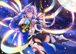  aiming aiming_at_viewer antenna_hair braid closed_mouth dual_wielding female gun handgun holding holding_gun holding_weapon honkai_(series) honkai_impact_3rd ice_(icepuli) kiana_kaslana kiana_kaslana_(knight_moonbeam) long_hair looking_at_viewer moon sky smile solo star_(sky) starry_sky twin_braids weapon white_hair wings 