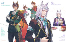  3boys aiguillette animal_ears aqua_ribbon armband ascot belt bishounen black_gloves black_jacket black_necktie black_pants blue_jacket blush brown_belt brown_hair buttons cake cape character_name clenched_hand closed_eyes closed_mouth collared_jacket collared_shirt commentary_request cowboy_shot crossed_arms dated double-breasted doughnut eating emphasis_lines epaulettes food fork frilled_shirt frilled_sleeves frills genderswap_(ftm) gloves gold_trim green_jacket grin hair_between_eyes hair_flaps hair_over_shoulder hair_ribbon headpat highres holding holding_fork holding_plate horse_boy horse_ears horse_girl horse_tail jacket lino_chang long_hair long_sleeves looking_at_another looking_at_viewer low-tied_long_hair macaron male_focus medal mejiro_mcqueen_(umamusume) multicolored_clothes multicolored_hair multicolored_jacket multiple_boys neck_ribbon necktie pants pink_ascot plate purple_eyes purple_hair purple_jacket recursive_genderswap red_cape ribbon rule_63 shirt sidelocks signature simple_background single_epaulette sitting smile standing streaked_hair swept_bangs symboli_rudolf_(umamusume) tail teeth tokai_teio_(umamusume) two-tone_hair two-tone_jacket umamusume upper_body white_background white_gloves white_hair white_jacket white_pants 