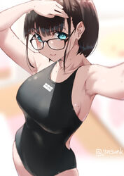  aqua_eyes armpits arms_up artist_name black-framed_eyewear black_hair black_one-piece_swimsuit blurry blurry_background blush breasts closed_mouth commentary_request competition_swimsuit cowboy_shot depth_of_field female glasses jonsun large_breasts looking_at_viewer mole mole_above_eye mole_on_arm mole_on_armpit mole_on_breast mole_on_ear mole_on_neck mole_on_shoulder mole_under_eye mole_under_mouth one-piece_swimsuit original outstretched_arm sachi_(jonsun) selfie short_hair smile solo swimsuit twitter_username 