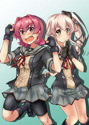  2girls bike_shorts black_footwear black_gloves black_jacket boots brown_eyes commentary_request fingers_together gloves gradient_background grey_sailor_collar grey_skirt hair_flaps highres jacket kantai_collection kinu_(kancolle) kinu_kai_ni_(kancolle) knee_boots long_hair looking_at_viewer multiple_girls neck_ribbon open_mouth orange_eyes partially_fingerless_gloves pink_hair pleated_skirt ponytail red_hair red_ribbon ribbon sailor_collar school_uniform serafuku short_hair short_sleeves shorts shorts_under_skirt skirt very_long_hair yo-suke yura_(kancolle) yura_kai_ni_(kancolle) 