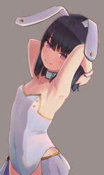  animal_ears arms_behind_head bangs black_hair blush breasts bunny_ears female grey_background highres himeragi_rinze lolicon playboy_bunny purple_eyes reco_love reco_love_gold_beach saisho_no_nakama simple_background small_breasts smile solo wrist_cuffs 