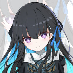  absurdres black_hair blue_hair blue_ribbon bright_pupils chibi closed_mouth colored_inner_hair earrings female hair_ornament hairclip highres jewelry long_hair multicolored_hair punishing:_gray_raven purple_eyes ribbon selena:_tempest_(punishing:_gray_raven) selena_(punishing:_gray_raven) split_mouth white_pupils yeyou_(pwny8774) zoom_layer 