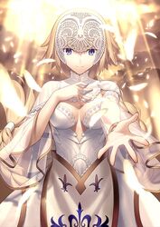  bad_source blonde_hair blue_eyes braid closed_mouth cloud detached_sleeves dress falling_feathers fate/grand_order fate_(series) feathers female fleur-de-lis headpiece jeanne_d&#039;arc_(fate) jeanne_d&#039;arc_(lostroom_outfit)_(fate) light_rays long_hair looking_at_viewer official_alternate_costume official_art reaching reaching_towards_viewer single_braid smile solo sunbeam sunlight takeuchi_takashi white_dress white_sleeves 