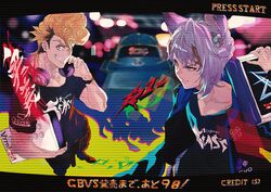  2boys arcade_stick blurry bokeh brand_name_imitation closed_mouth commentary_request controller countdown depth_of_field erune esports eyelashes feower_(granblue_fantasy) game_controller granblue_fantasy granblue_fantasy_versus grin headphones headphones_around_neck joystick light_purple_hair male_focus multiple_boys official_art pompadour scanlines shirt smile stadium t-shirt tsubasa_(granblue_fantasy) 