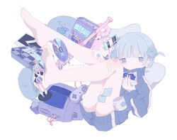  bandaid bandaid_on_knee bandaid_on_leg bangs bare_legs barefoot blue_eyes blue_hair blue_jacket blue_shorts blunt_bangs cd cellphone cereal cereal_box club_(weapon) controller crt cup doughnut eguchi_saan female figure food full_body game_controller gauze high_collar highres holding holding_food holding_phone jacket jellyfish_hair_ornament legs_up light_blue_hair long_sleeves looking_at_viewer lying mug on_back original parted_lips phone photo_(object) pill pillow pizza_box polaroid short_hair short_shorts shorts simple_background smartphone solo spiked_club super_famicom_gamepad television title track_jacket turtleneck turtleneck_jacket wavy_eyes weapon white_background 