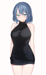  absurdres arms_at_sides arms_behind_back bare_shoulders black_dress black_sweater blue_eyes blue_hair blush breasts closed_mouth cowboy_shot dress female hair_between_eyes halter_dress halterneck highres large_breasts looking_at_viewer medium_hair nannann original ribbed_dress ribbed_sweater short_dress sideboob simple_background sleeveless sleeveless_dress sleeveless_sweater sleeveless_turtleneck smile solo sweater sweater_dress swept_bangs thigh_gap tight_clothes tight_dress tsurime turtleneck turtleneck_dress turtleneck_sweater white_background 